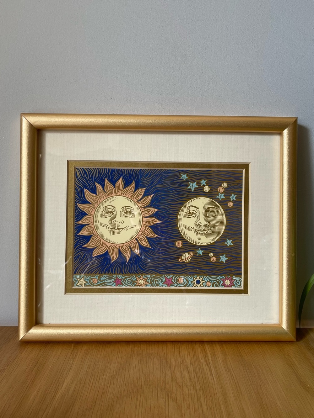 Rare Vintage 1990s Celestial Sun & Moon Framed Art Print Whimsigoth 🌙✨